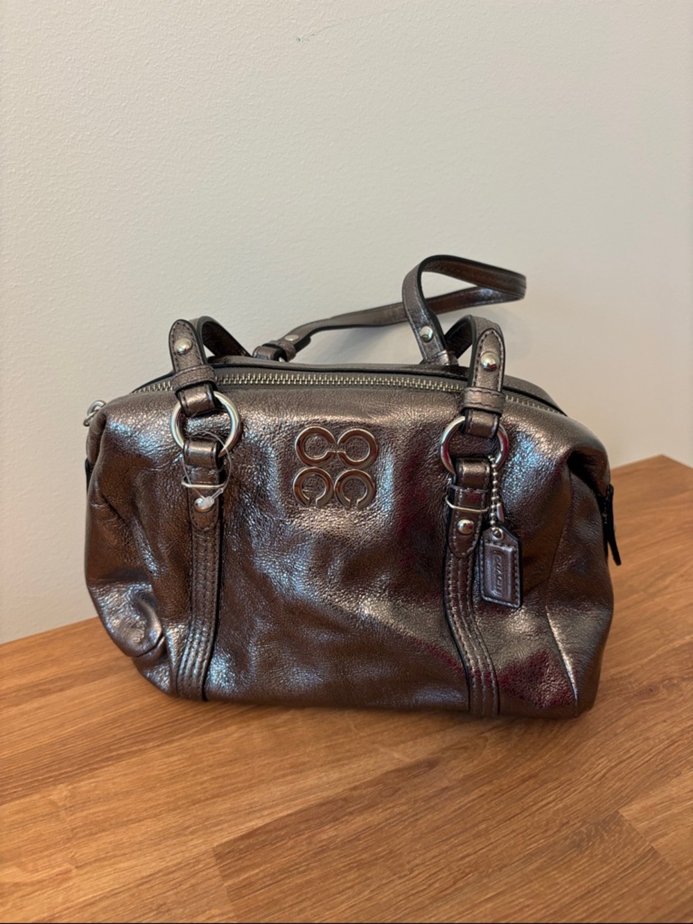 COACH JULIA MINI SMALL METALLIC SATCHELL PURSE GUNMETAL GRAY SILVER AUTHENTIC - Picture 2 of 9